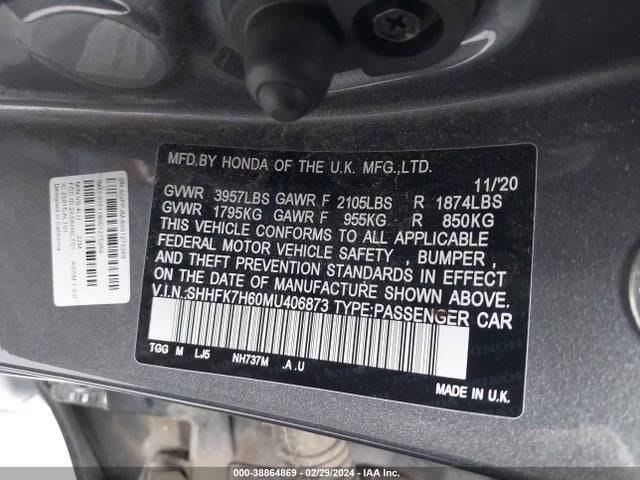 Honda CIVIC EX 2021 SHHFK7H60MU406873 Image 9
