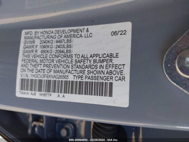1HGCV3F9XNA026565 Honda Accord Hybrid Touring