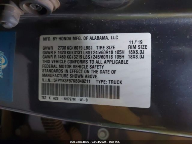 5FPYK3F57KB049211 Honda Ridgeline Rtl