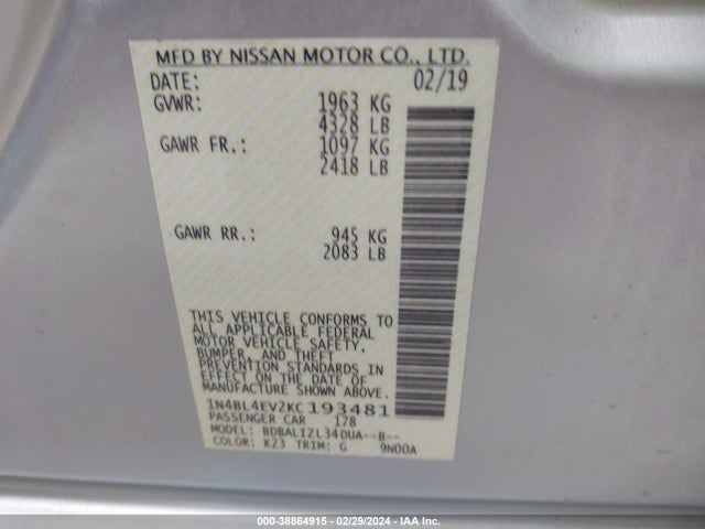 Nissan Altima 2.5 Sl 2019 1N4BL4EV2KC193481 Image 9