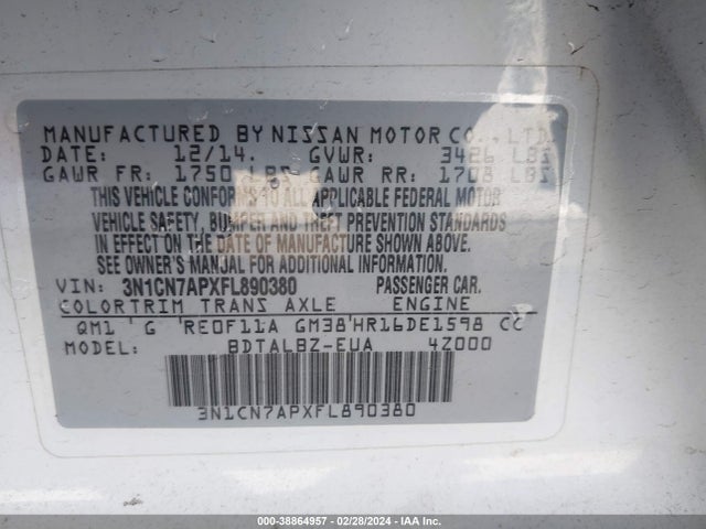 Nissan Versa 1.6 Sv 2015 3N1CN7APXFL890380 Image 9