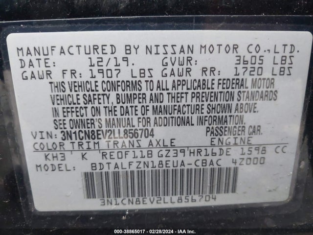 Nissan Versa Sv Xtronic Cvt 2020 3N1CN8EV2LL856704 Image 9