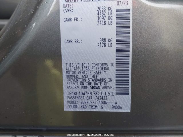 1N4BL4DW7RN301151 Nissan Altima Sv Intelligent Awd