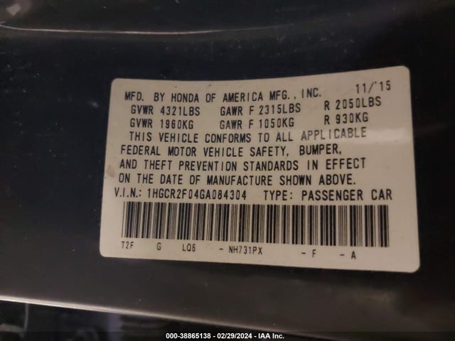 Honda ACCORD EX 2016 1HGCR2F04GA084304 Image 9