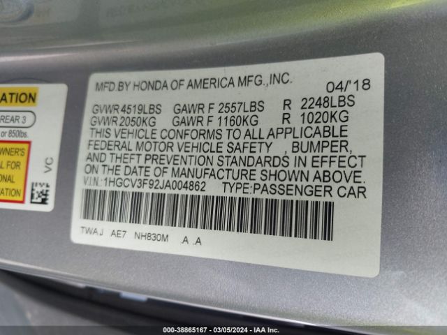 1HGCV3F92JA004862 Honda Accord Hybrid Touring