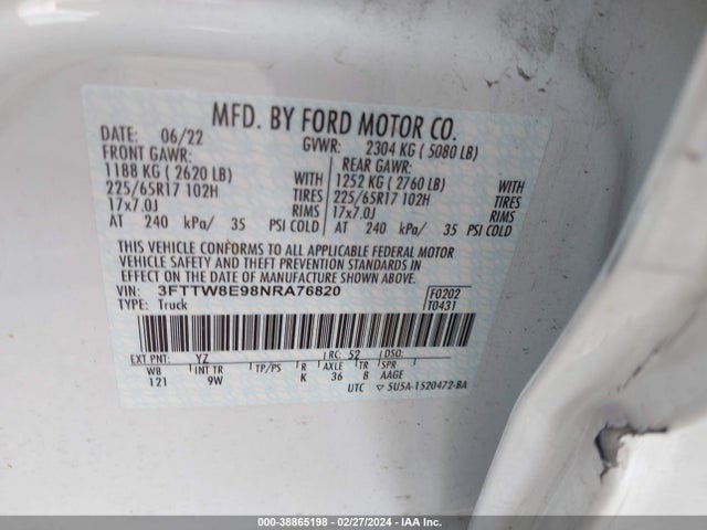 Ford Maverick Xl 2022 3FTTW8E98NRA76820 Image 9