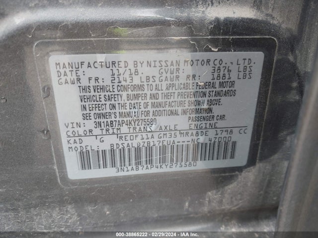 Nissan SENTRA SV 2019 3N1AB7AP4KY275580 Image 9