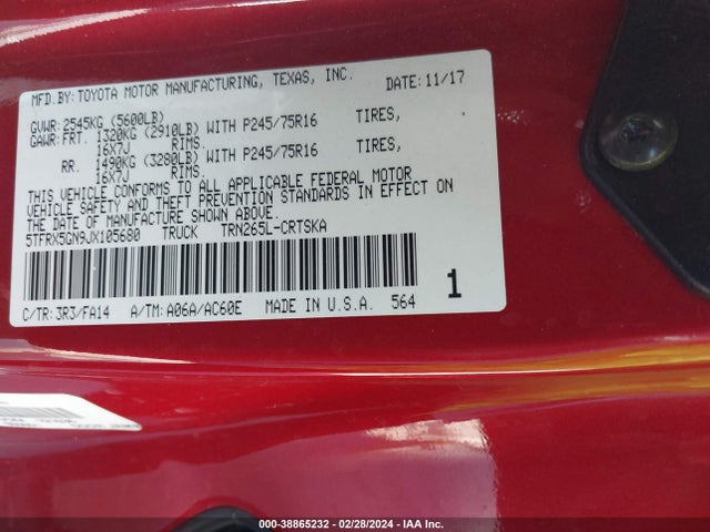 Toyota Tacoma Sr 2018 5TFRX5GN9JX105680 Image 9