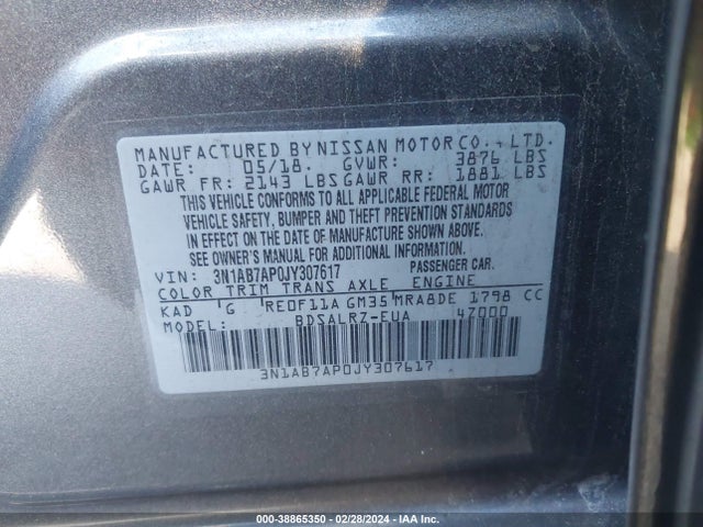 Nissan SENTRA SR 2018 3N1AB7AP0JY307617 Image 9