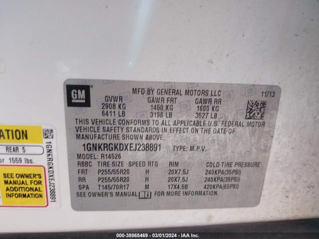 Chevrolet Traverse 1lt 2014 1GNKRGKDXEJ238891 Image 9