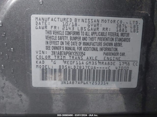 Nissan SENTRA SV 2019 3N1AB7AP6KY253354 Image 9