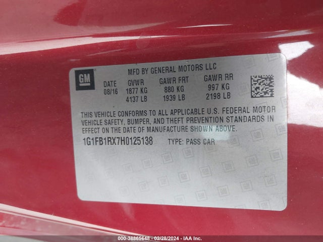 Chevrolet Camaro 1lt 2017 1G1FB1RX7H0125138 Image 9