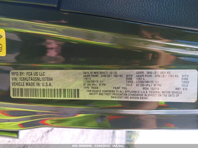 1C6HJTAG5NL107894 Jeep Gladiator Willys 4x4