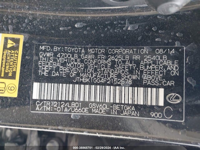 JTHBK1GG4F2152578 Lexus ES 350