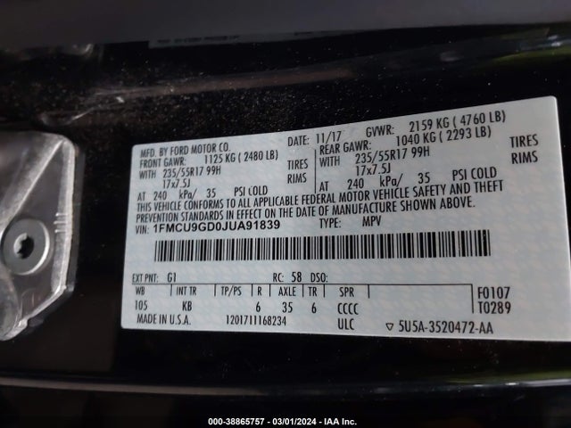 Ford ESCAPE SE 2018 1FMCU9GD0JUA91839 Image 9