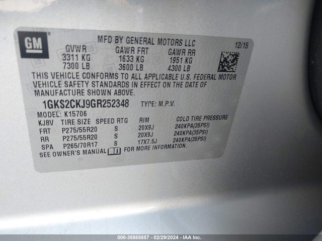 GMC YUKON DENALI 2016 1GKS2CKJ9GR252348 Image 9