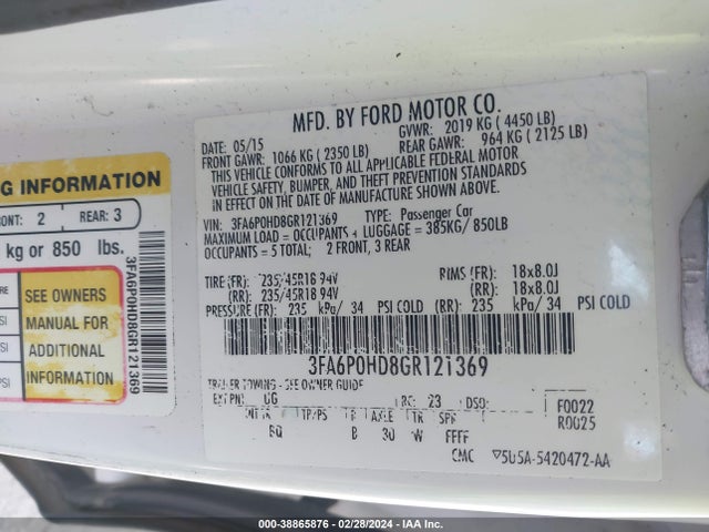 Ford FUSION SE 2016 3FA6P0HD8GR121369 Image 9