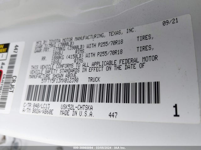 Toyota Tundra Sr 2021 5TFTY5F13MX012398 Image 9