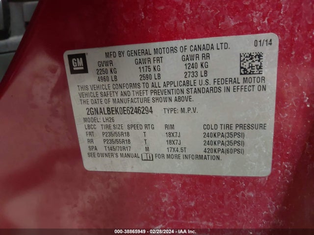 Chevrolet EQUINOX 1LT 2014 2GNALBEK0E6246294 Image 9