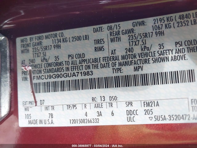 Ford ESCAPE SE 2016 1FMCU9G90GUA71983 Image 9