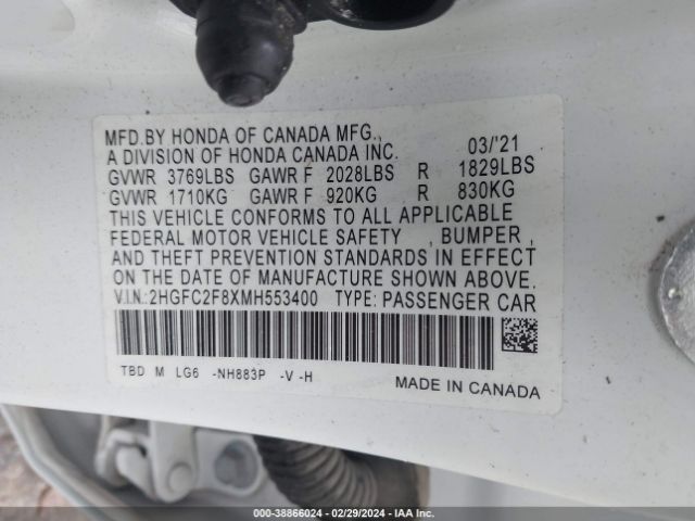 2HGFC2F8XMH553400 Honda Civic Sport
