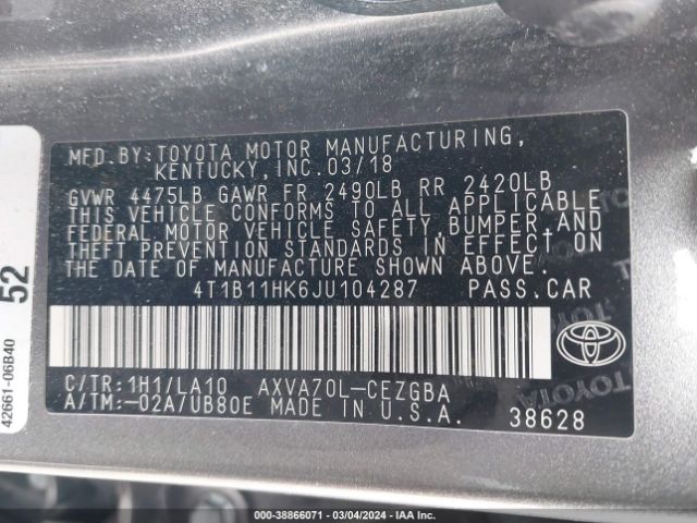4T1B11HK6JU104287 Toyota CAMRY XLE