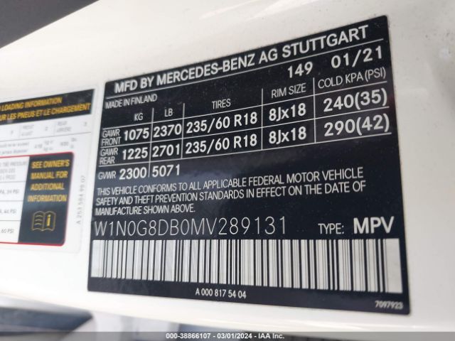 W1N0G8DB0MV289131 Mercedes-Benz Glc 300 Suv
