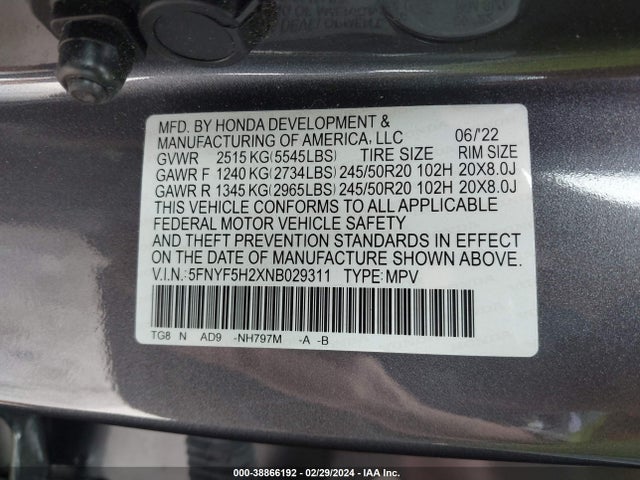 Honda Pilot 2wd Special Edition 2022 5FNYF5H2XNB029311 Image 9