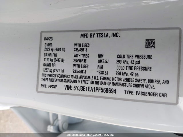 Tesla Model 3 Rear-wheel Drive 2023 5YJ3E1EA1PF568694 Image 9