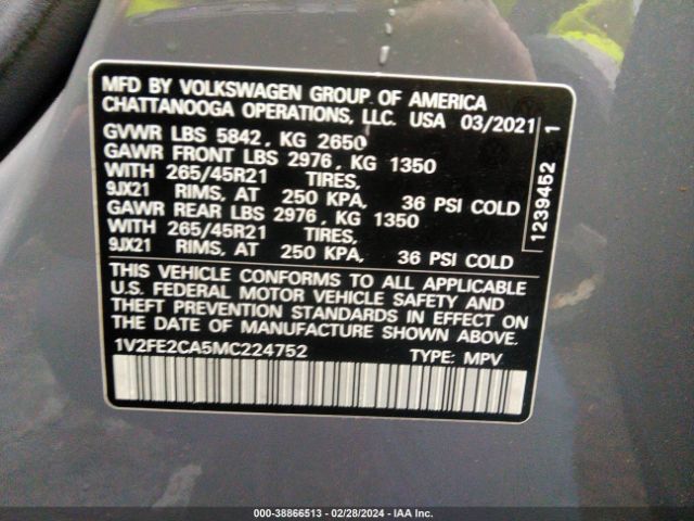 1V2FE2CA5MC224752 Volkswagen Atlas Cross Sport 3.6l V6 Sel Premium R-line
