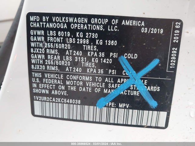 1V2UR2CA2KC548038 Volkswagen Atlas 3.6l V6 Se W/technology
