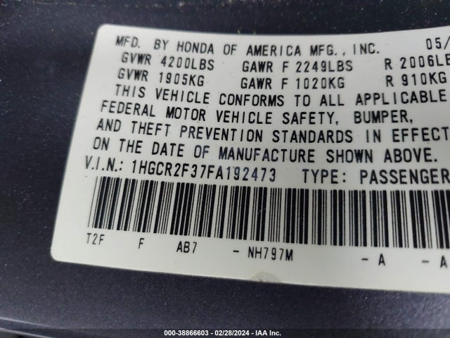 Honda ACCORD LX 2015 1HGCR2F37FA192473 Image 9
