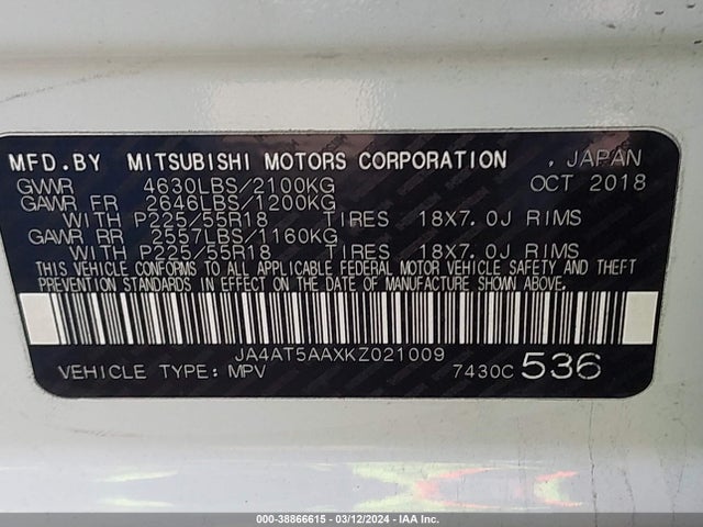 Mitsubishi Eclipse Cross Sel 2019 JA4AT5AAXKZ021009 Image 9