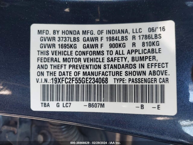 Honda Civic Lx 2016 19XFC2F55GE234068 Image 9