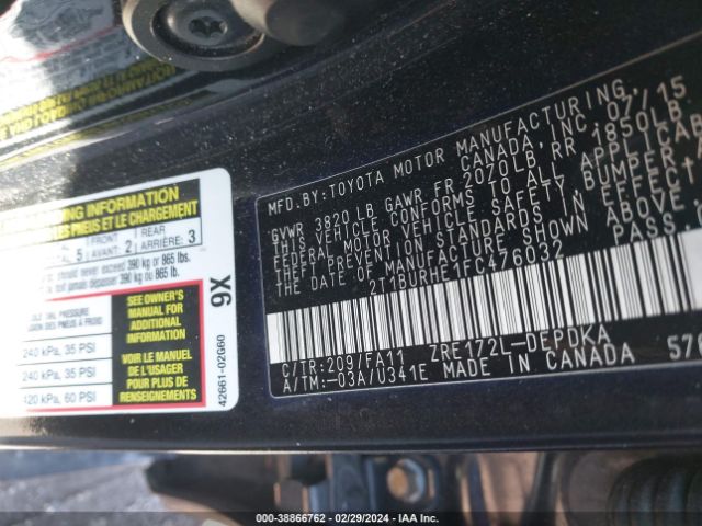 2T1BURHE1FC476032 Toyota COROLLA L
