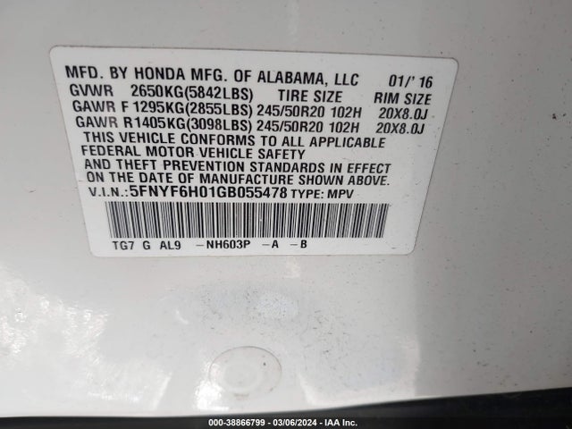 Honda Pilot Elite 2016 5FNYF6H01GB055478 Image 9