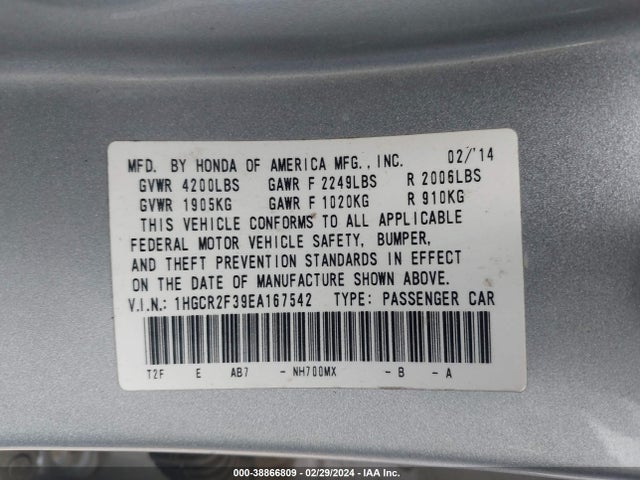 Honda ACCORD LX 2014 1HGCR2F39EA167542 Image 9