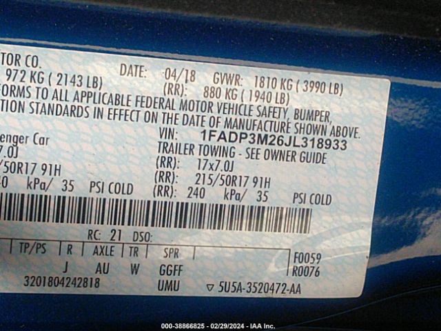 1FADP3M26JL318933 Ford FOCUS SEL