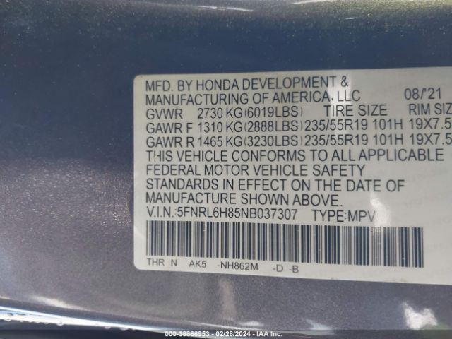 5FNRL6H85NB037307 Honda Odyssey Touring
