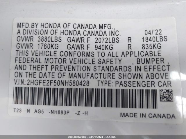 2HGFE2F50NH580428 Honda Civic Sport