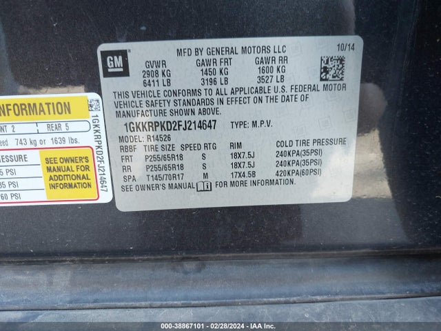 1GKKRPKD2FJ214647 GMC Acadia Sle-2
