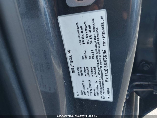 Tesla Model 3 Long Range/mid Range/standard Range/standard Range Plus 2019 5YJ3E1EA3KF332962 Image 9