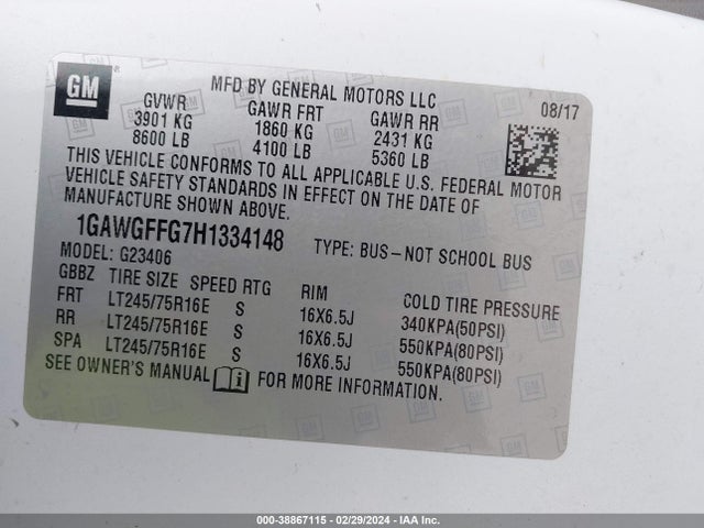Chevrolet Express 2500 Lt 2017 1GAWGFFG7H1334148 Image 9