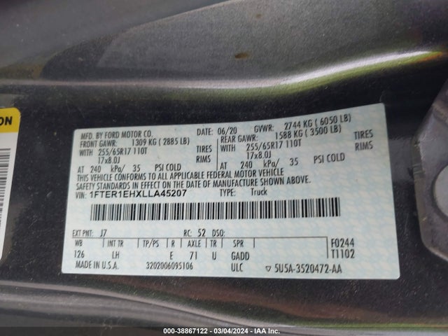 Ford RANGER XL 2020 1FTER1EHXLLA45207 Image 9