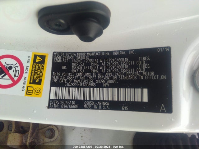 Toyota Highlander Le Plus V6/le V6 2014 5TDZKRFH4ES008965 Image 9