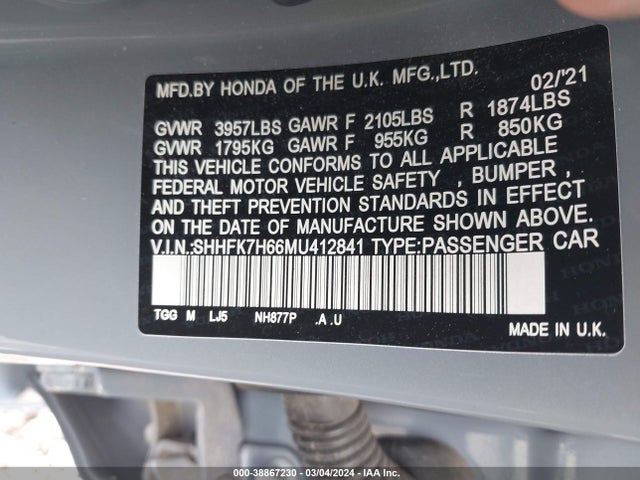 Honda CIVIC EX 2021 SHHFK7H66MU412841 Image 9