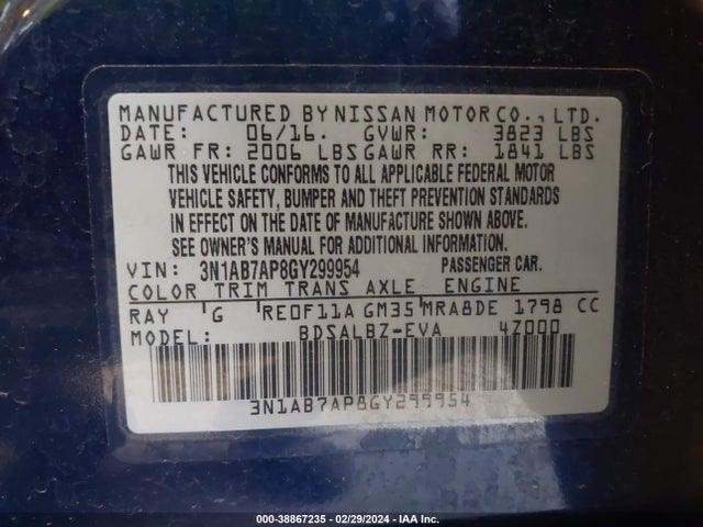 Nissan SENTRA S 2016 3N1AB7AP8GY299954 Image 9
