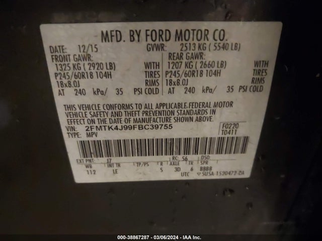 Ford EDGE SEL 2015 2FMTK4J99FBC39755 Image 9