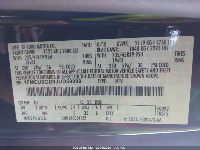 Ford ESCAPE SE 2018 1FMCU9GD9JUD59089 Image 9