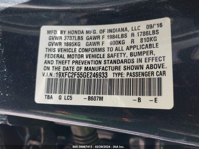 Honda Civic Lx 2016 19XFC2F55GE246933 Image 9